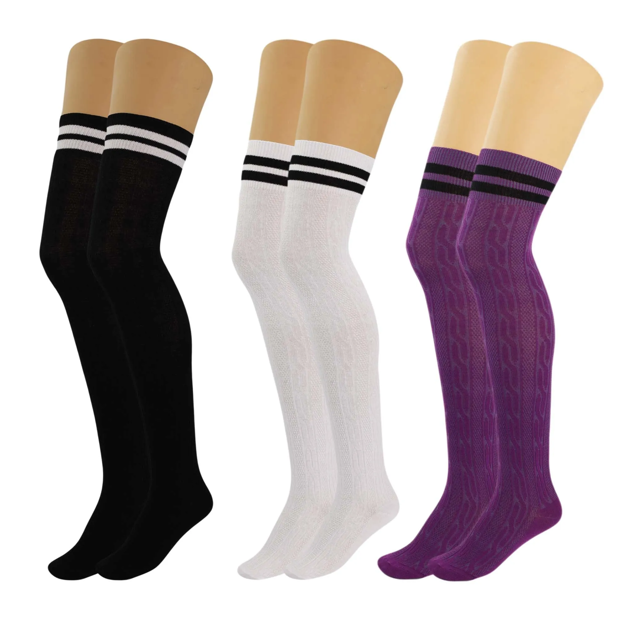 3 Pairs Women's Colorful Thigh High Over The Knee Boot Socks Size 5-10