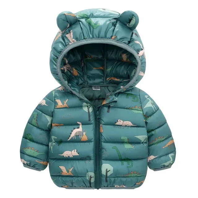 Baby Boys Girls Down Coats Long Sleeve Cartoon Dinosaur Print Jackets 1-5Yrs Kids Hooded Zipper Outerwear Spring Fall