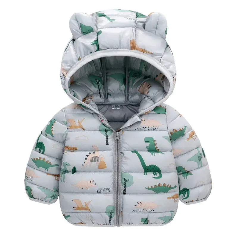 Baby Boys Girls Down Coats Long Sleeve Cartoon Dinosaur Print Jackets 1-5Yrs Kids Hooded Zipper Outerwear Spring Fall