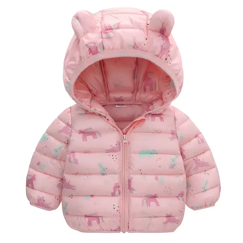 Baby Boys Girls Down Coats Long Sleeve Cartoon Dinosaur Print Jackets 1-5Yrs Kids Hooded Zipper Outerwear Spring Fall