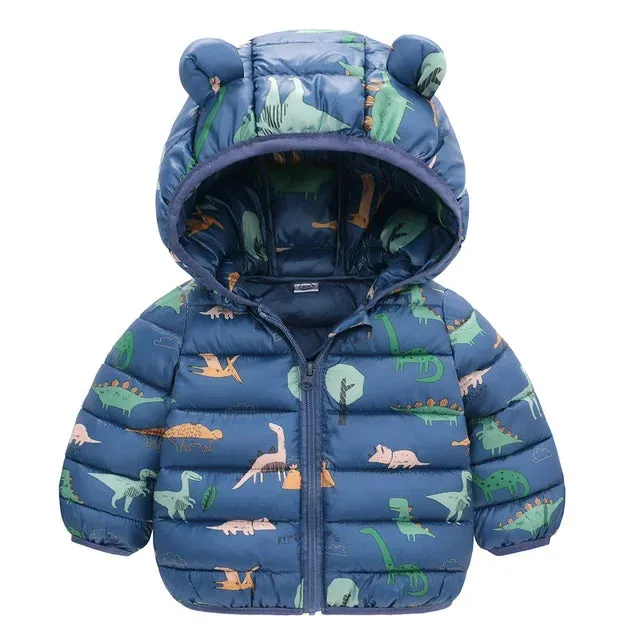 Baby Boys Girls Down Coats Long Sleeve Cartoon Dinosaur Print Jackets 1-5Yrs Kids Hooded Zipper Outerwear Spring Fall