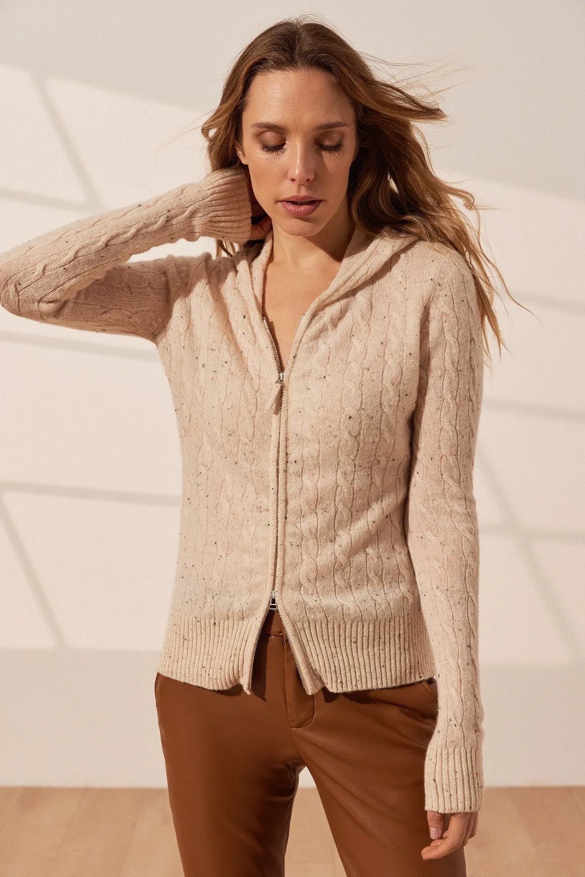 Beige Cashmere and Wool Amelia Women's Hooded Cardigan