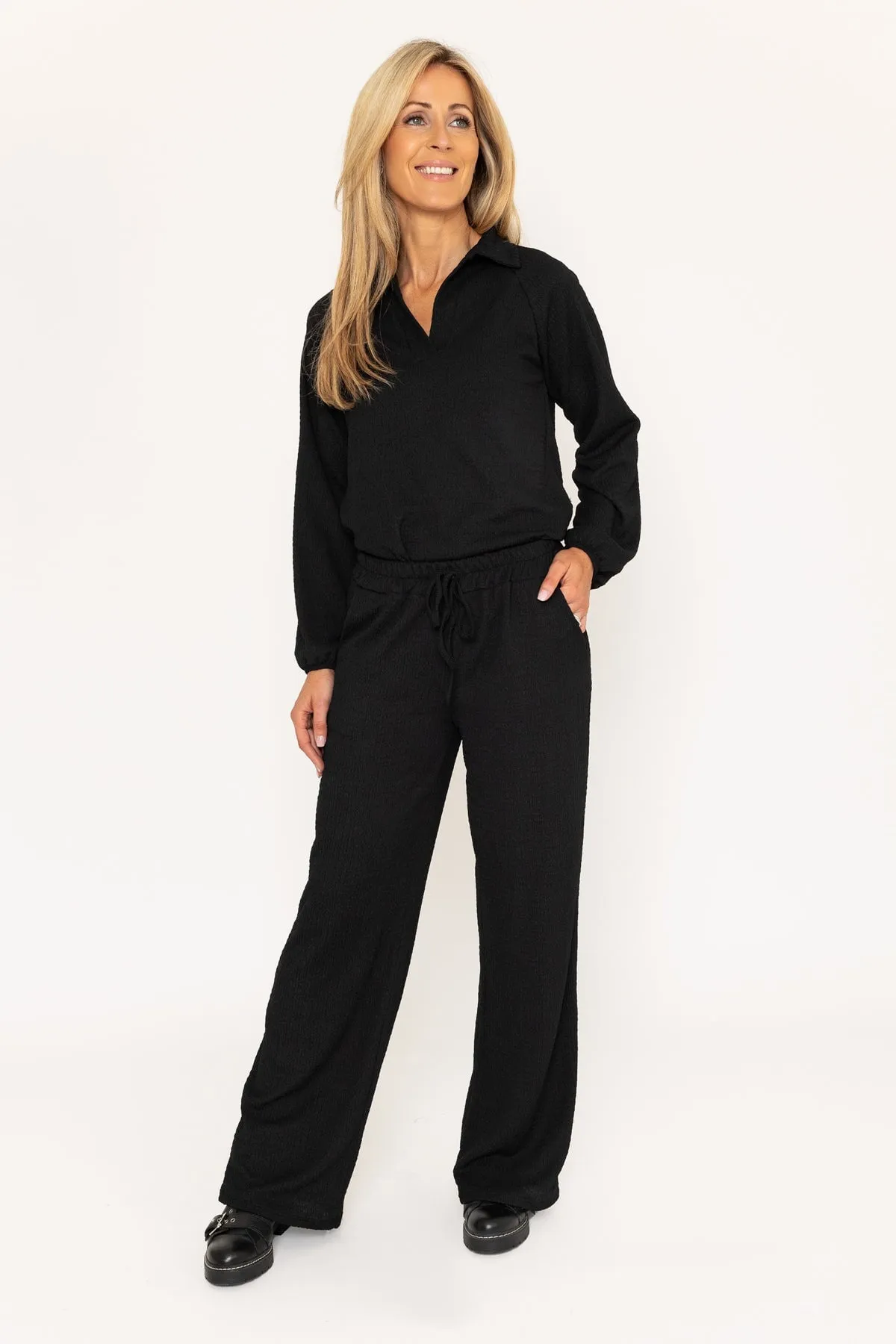 Black Textured Wide Leg Trousers