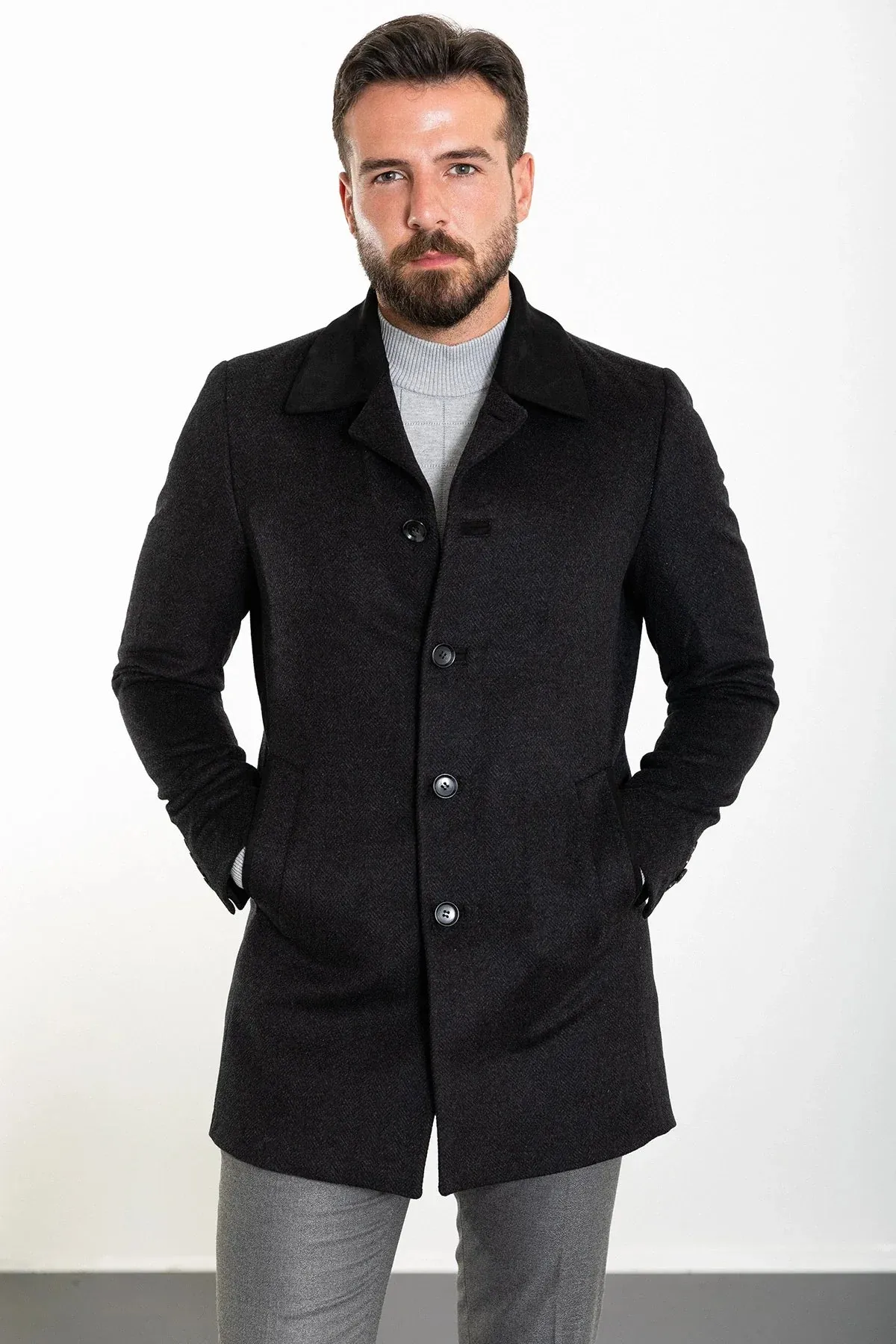 Brabion Eden Patterned Slim Fit Black Coat