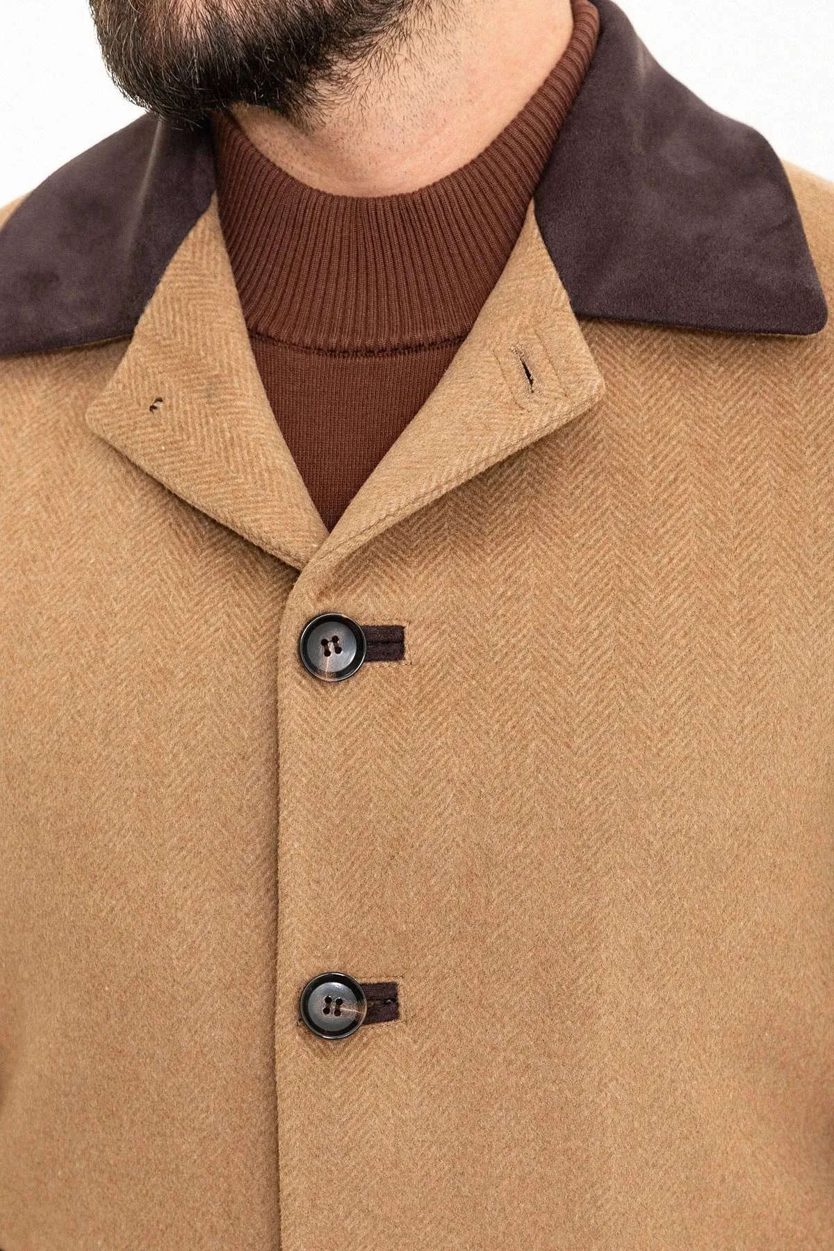 Brabion Eden Patterned Slim Fit Camel Coat