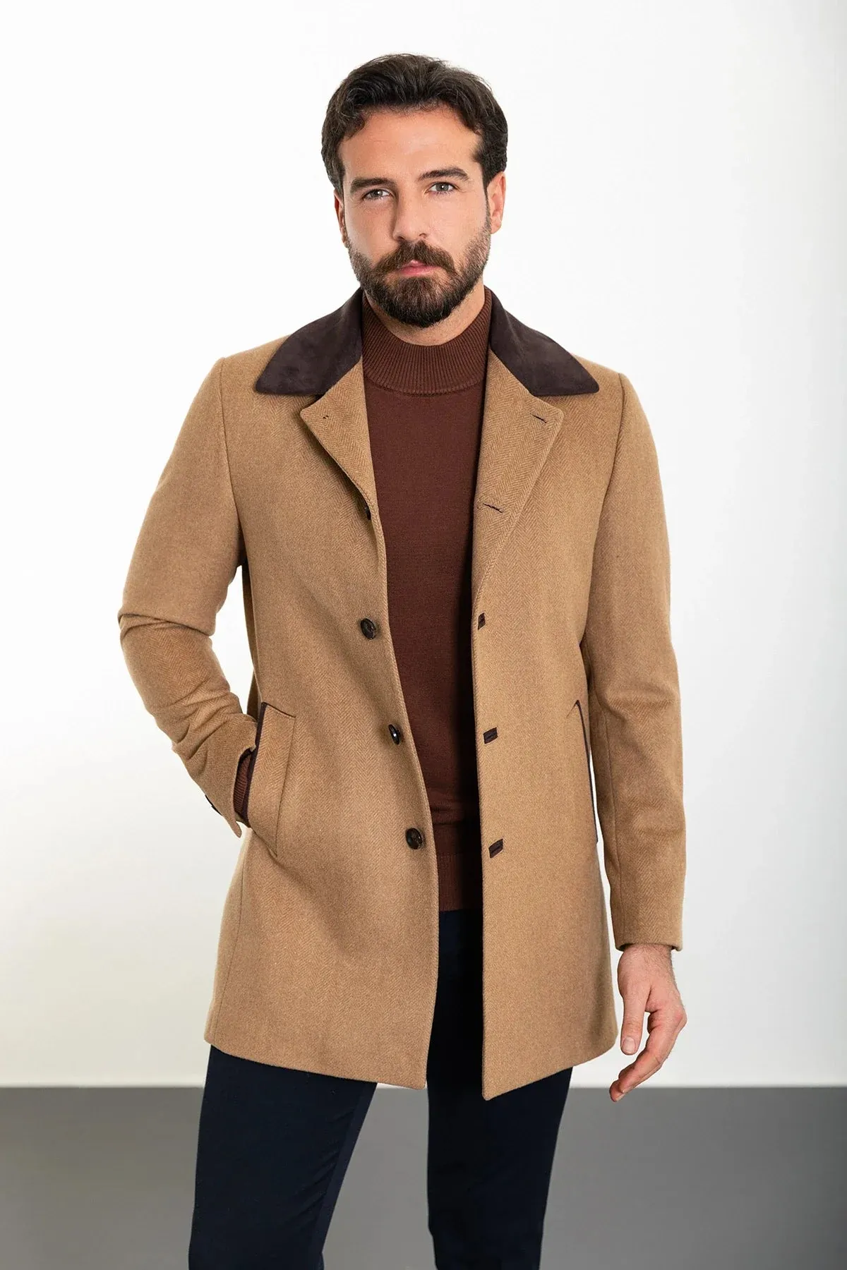 Brabion Eden Patterned Slim Fit Camel Coat