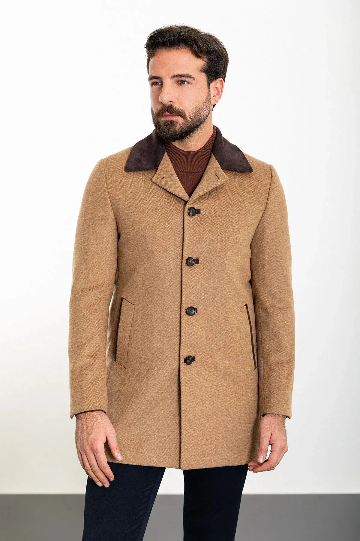 Brabion Eden Patterned Slim Fit Camel Coat