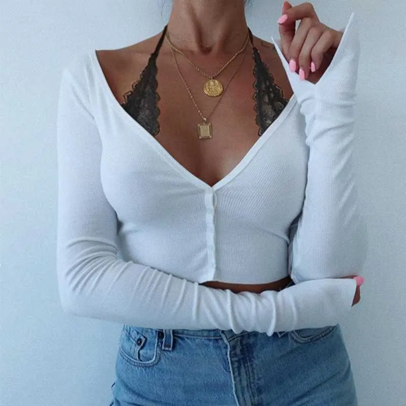 Casual Ribbed Off The Soulder Cropped Button Up Knit Tops For Ladies