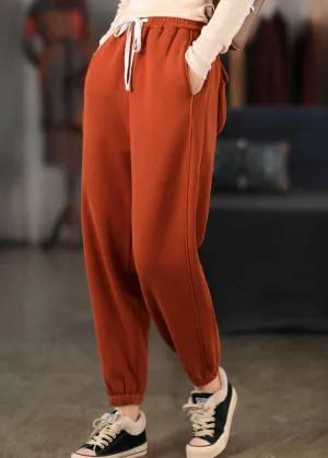 Chic Orange Cinched Pockets Warm Fleece Pants Winter