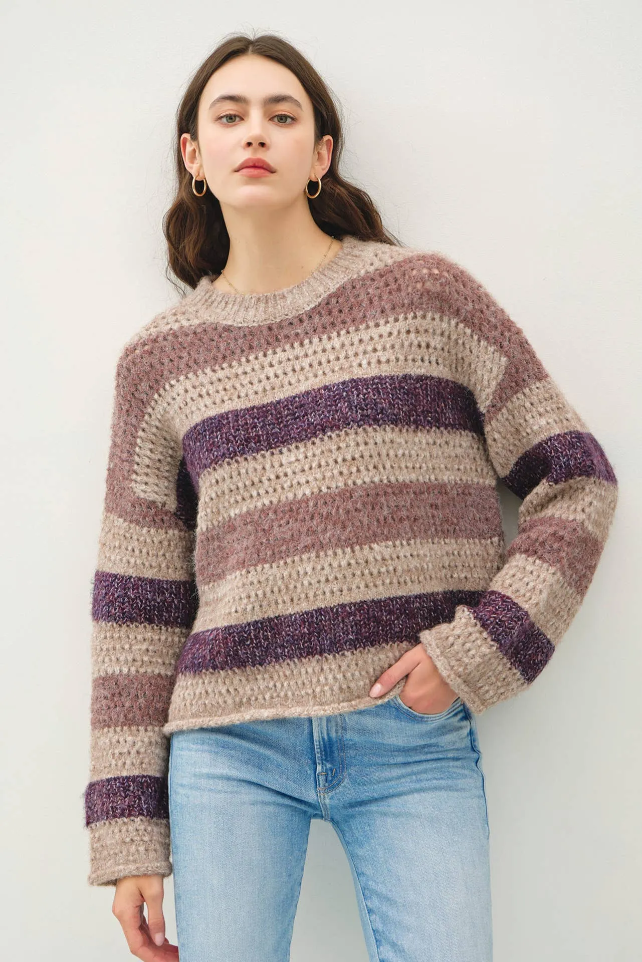 CHUNKY CROCHET KNIT STRIPED SWEATER