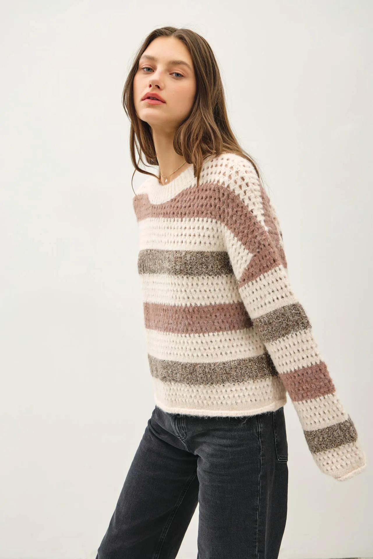 CHUNKY CROCHET KNIT STRIPED SWEATER