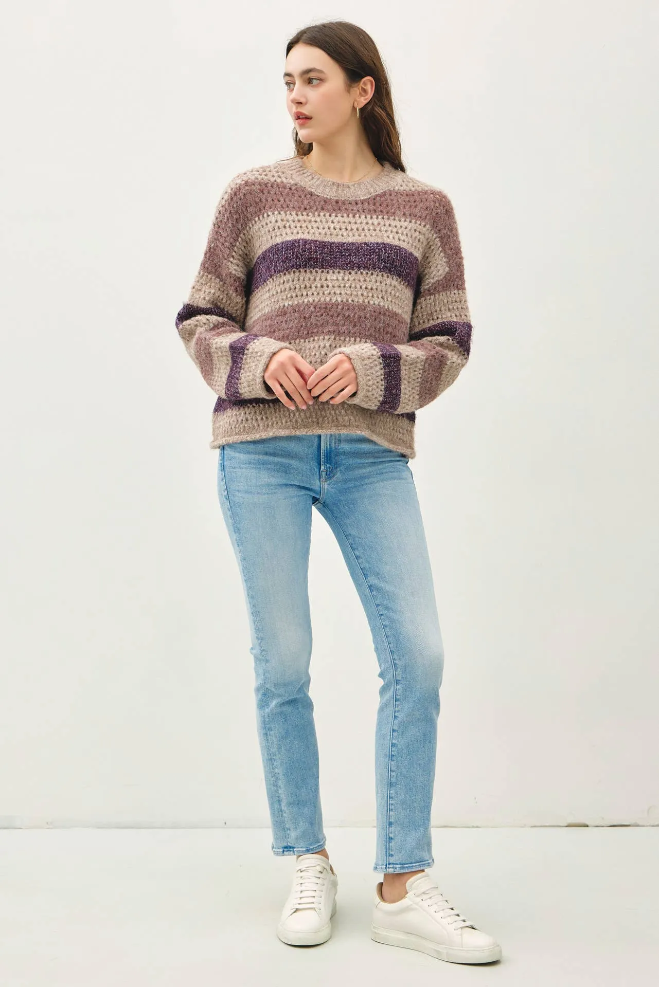 CHUNKY CROCHET KNIT STRIPED SWEATER