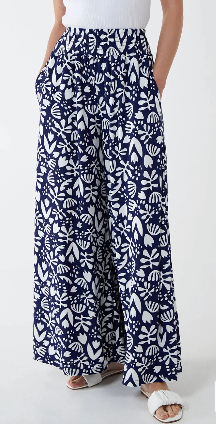 Floral Print Black And White Shirring Waist Stretchy Wide Leg Trousers