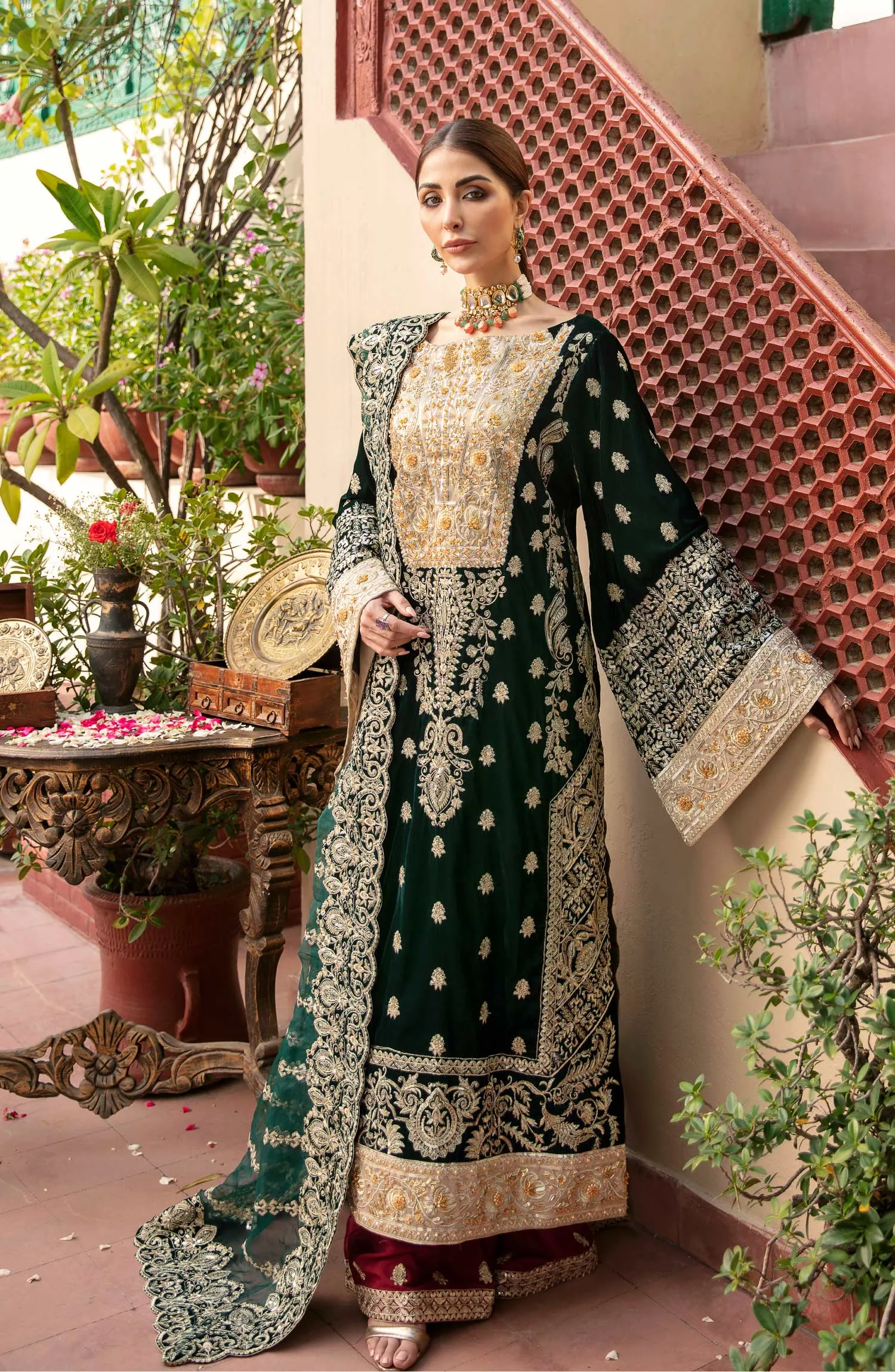 Formal Pakistani Dress in Bottle Green Shade #PF280