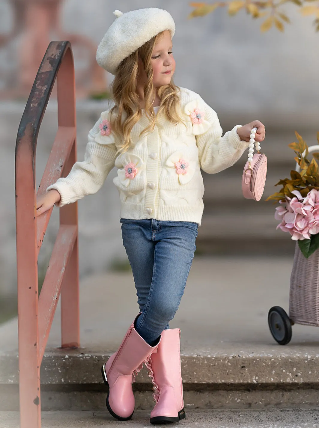 Girls Floral Button-Up Cardigan with Adorable 3D Flower Details and Heart-Shaped Buttons