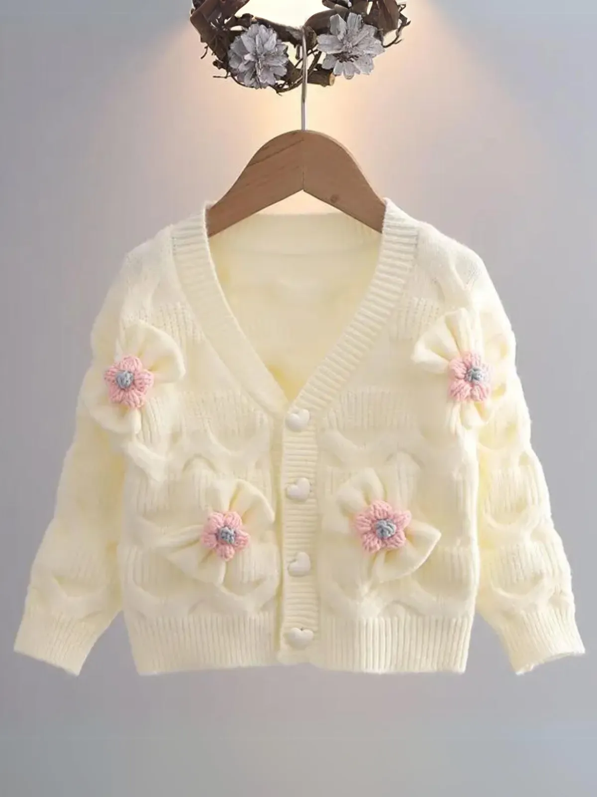 Girls Floral Button-Up Cardigan with Adorable 3D Flower Details and Heart-Shaped Buttons