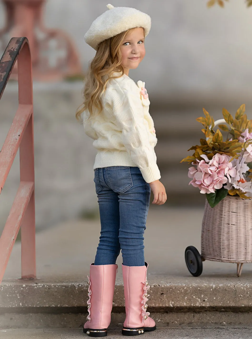 Girls Floral Button-Up Cardigan with Adorable 3D Flower Details and Heart-Shaped Buttons