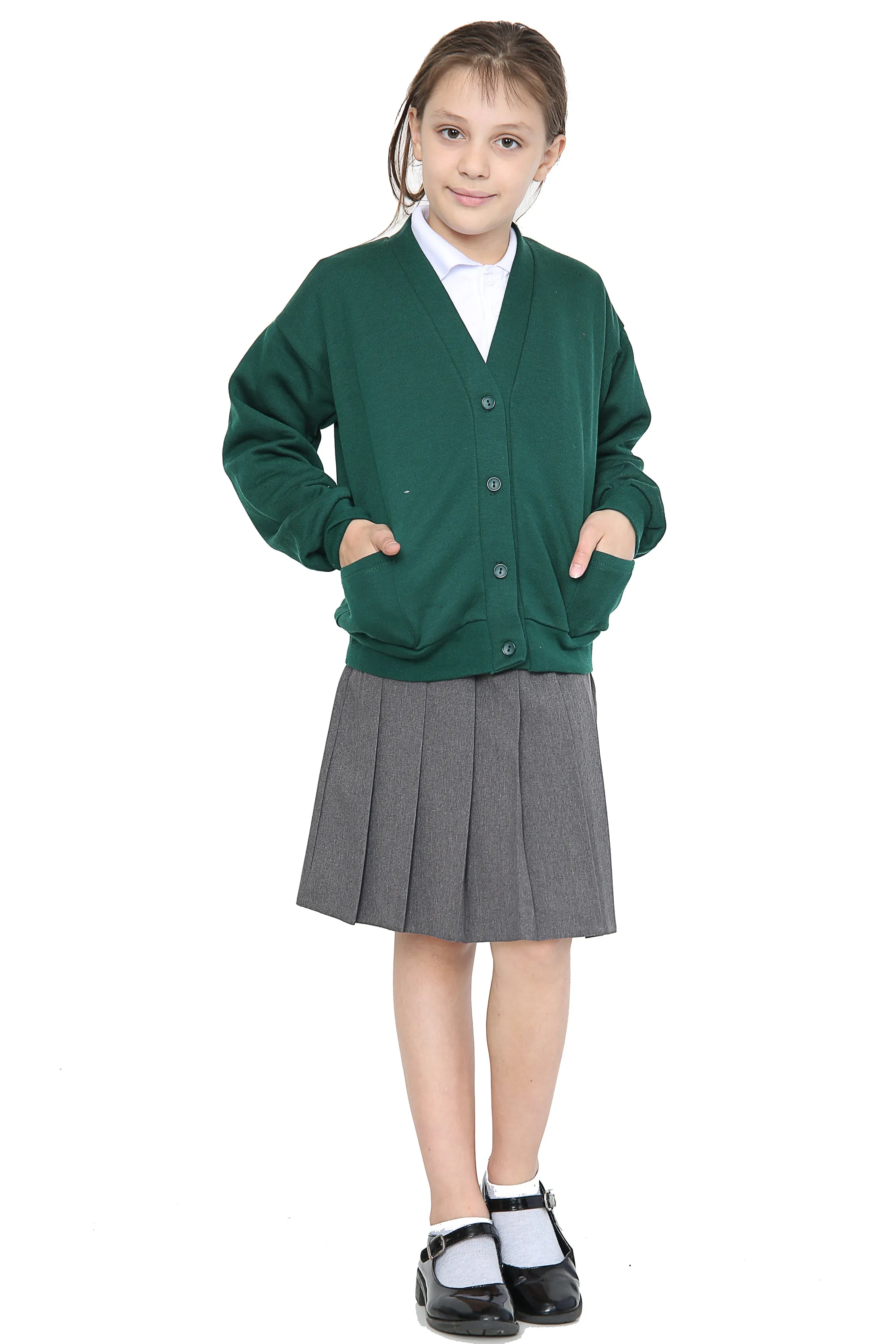 Girls School Uniform Green Fleece Sweat Cardigan With Front Buttons and Pockets