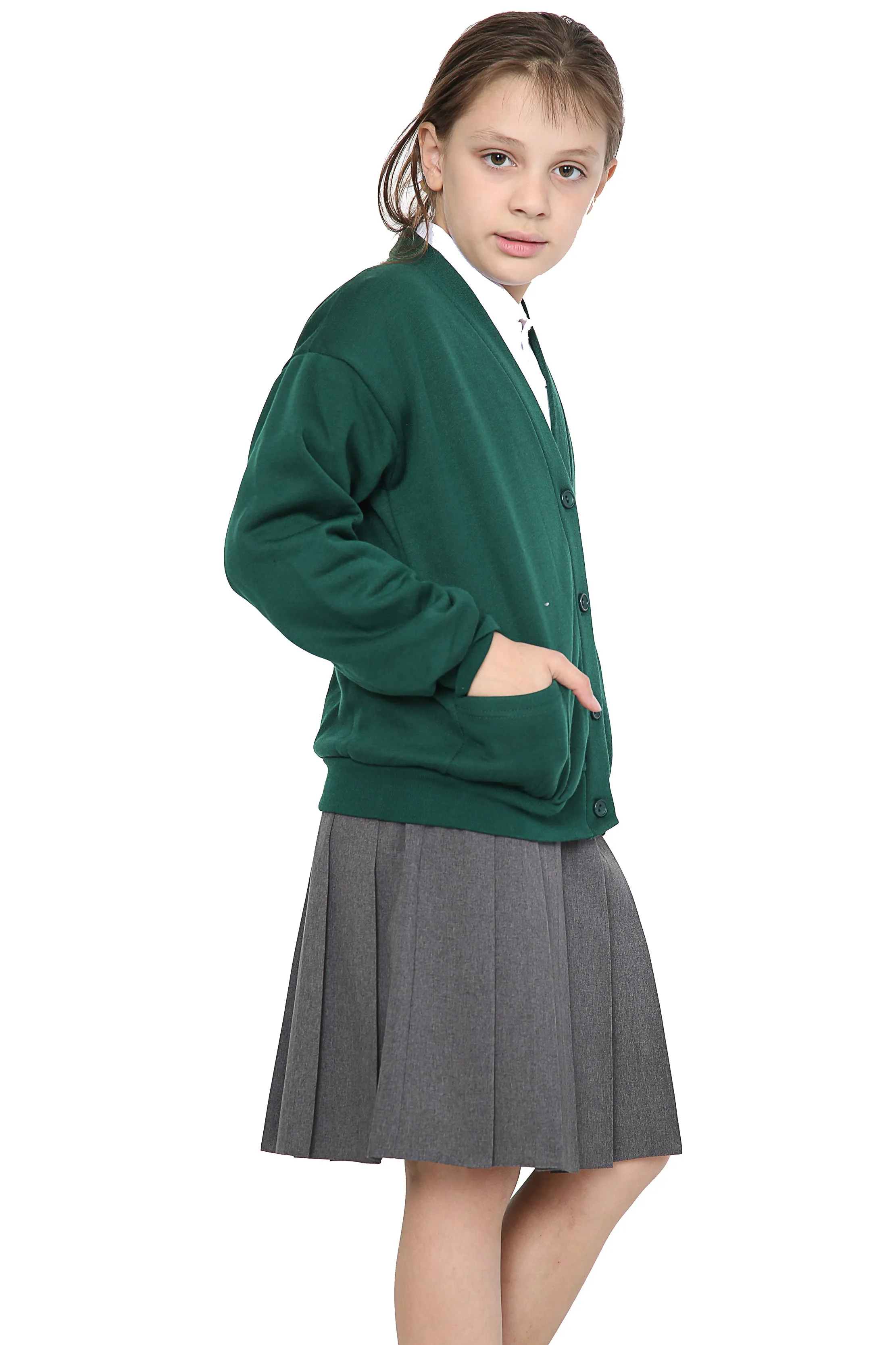 Girls School Uniform Green Fleece Sweat Cardigan With Front Buttons and Pockets