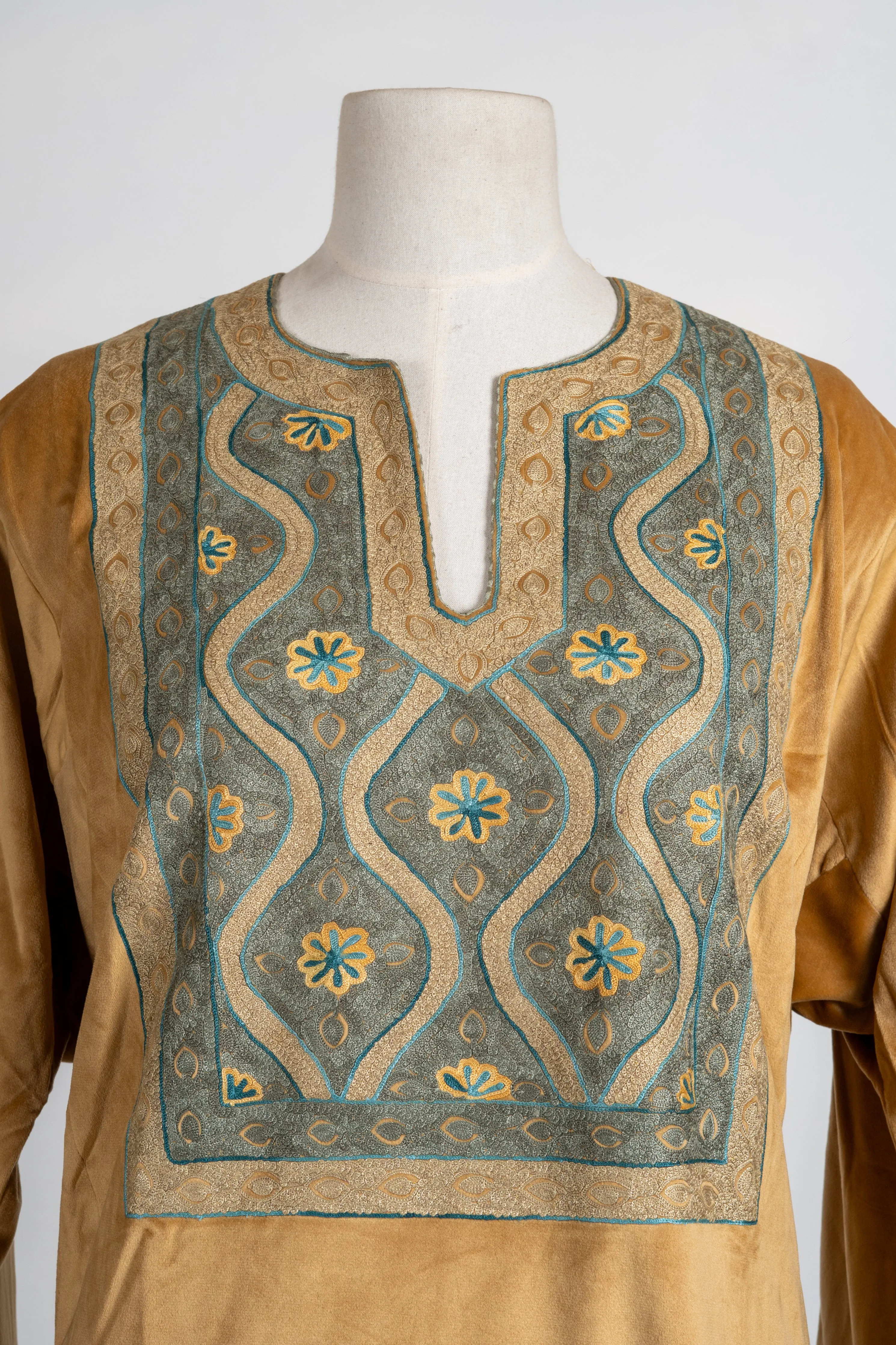 Golden Ochre Velvet Suit Ensemble - 3 Pcs with Aari Embroidered Stole and Trouser