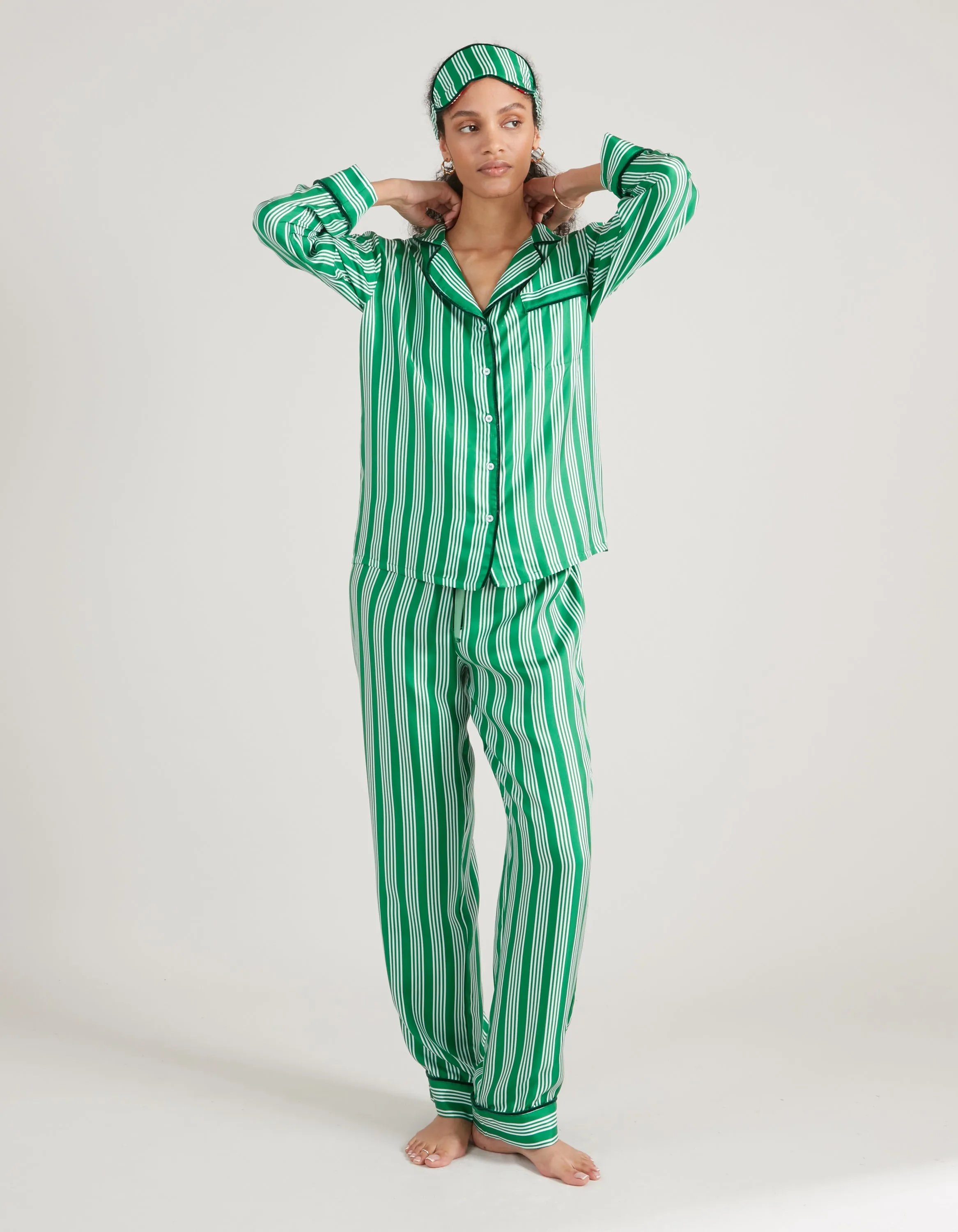 Green Stripe Print Silk Long Pyjama Set