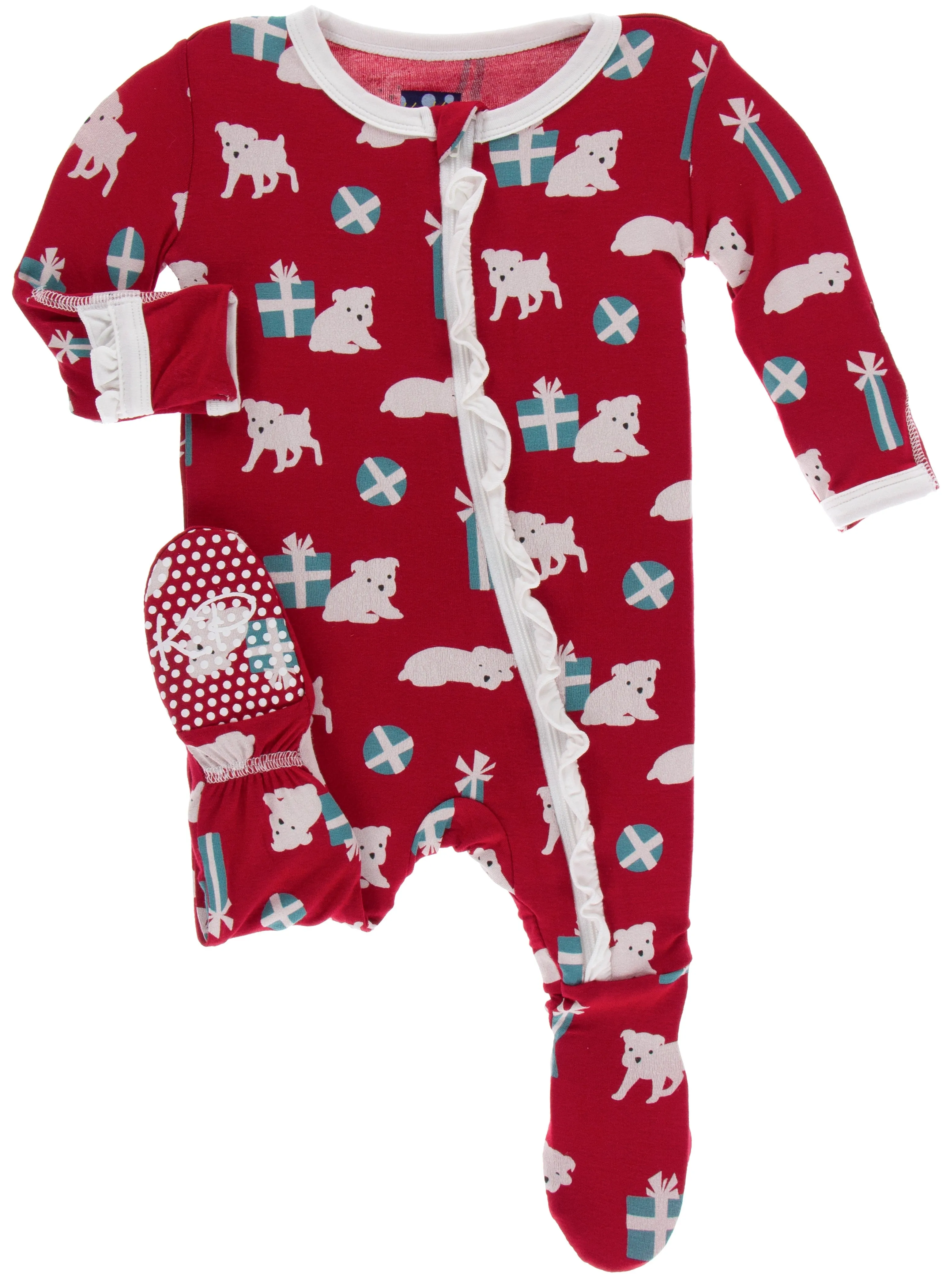 KicKee Pants Crimson Puppies and Presents Classic Ruffle Footie with Zipper