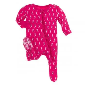 Kickee Pants - Print Muffin Ruffle Footie with Zipper in Prickly Pear Mini Seahorses