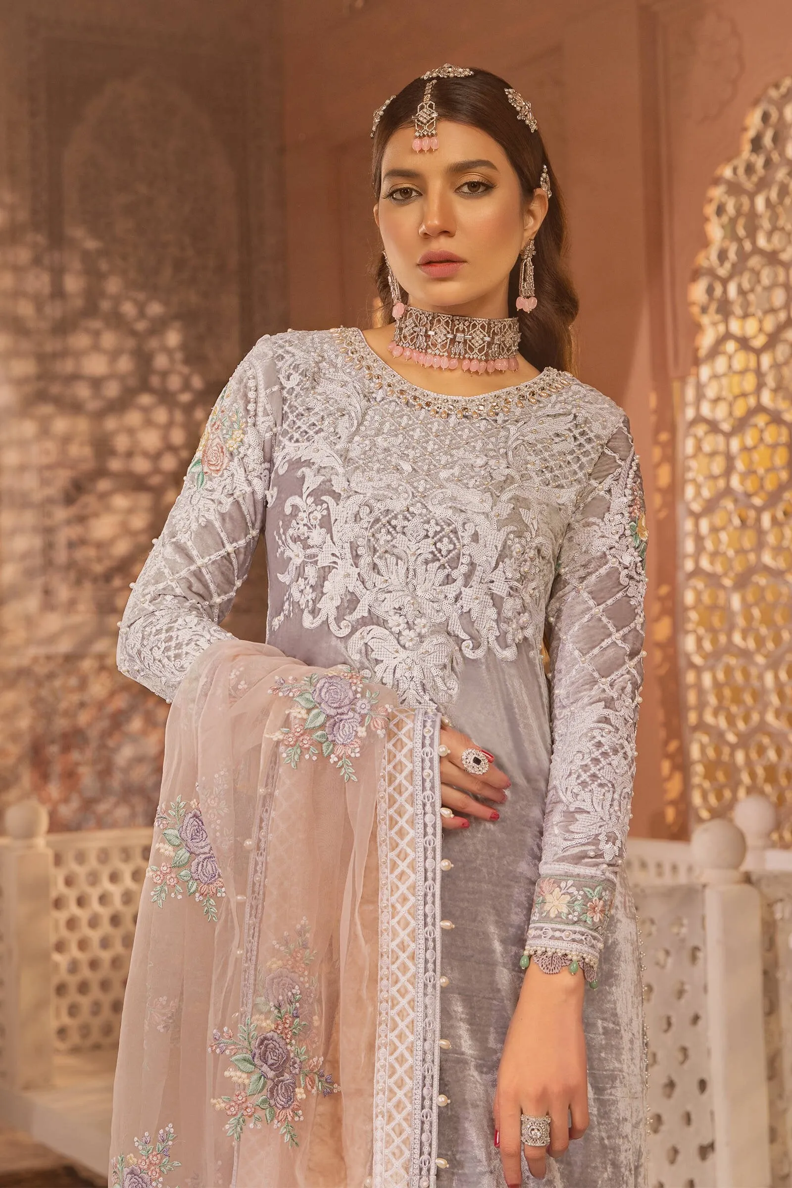 Latest Velvet Suit Pakistani in Light Grey Shade #PF316