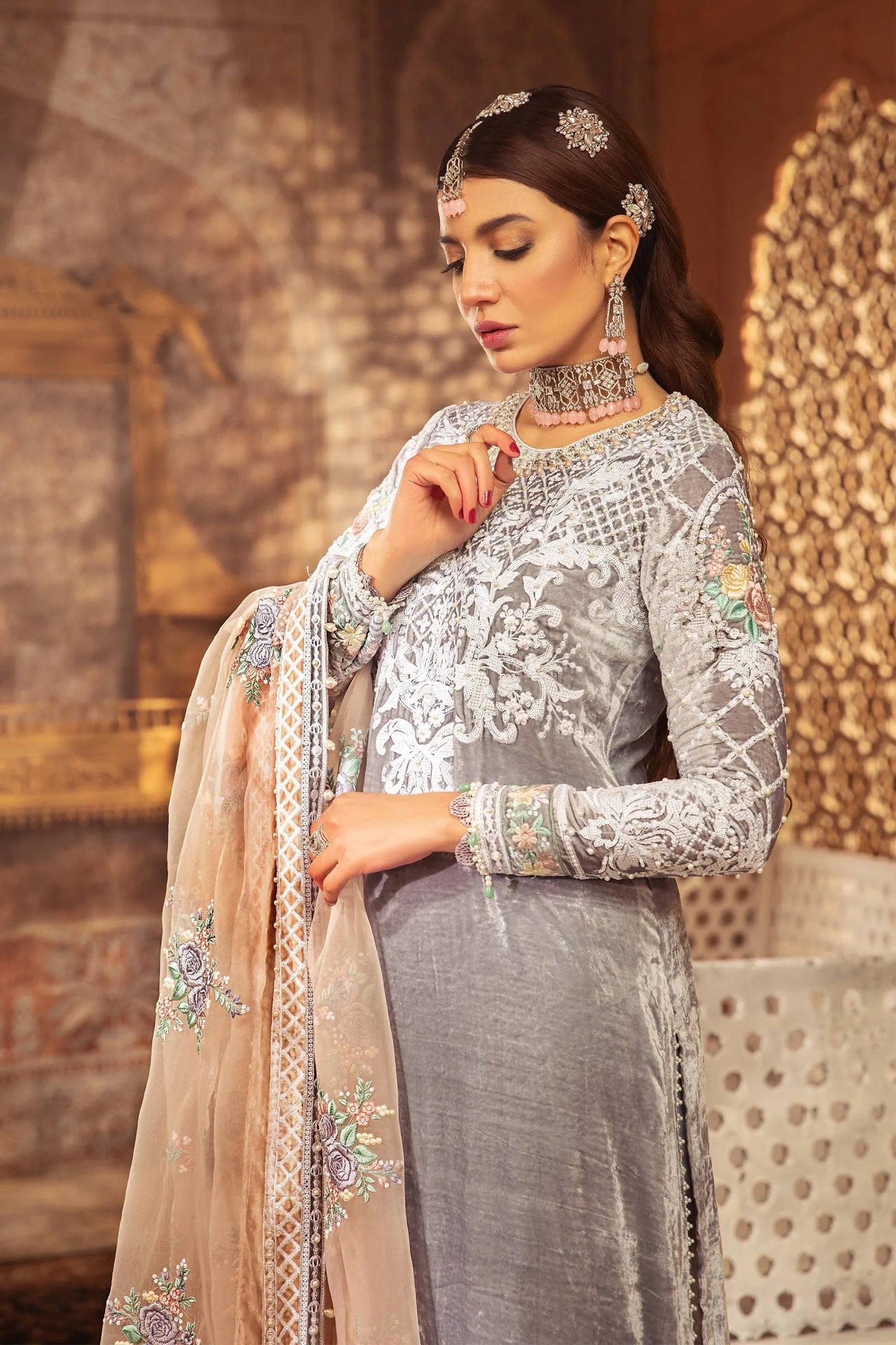 Latest Velvet Suit Pakistani in Light Grey Shade #PF316