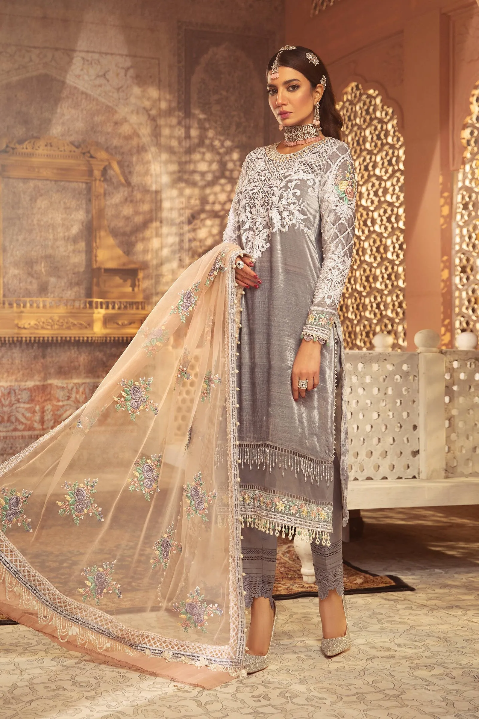 Latest Velvet Suit Pakistani in Light Grey Shade #PF316