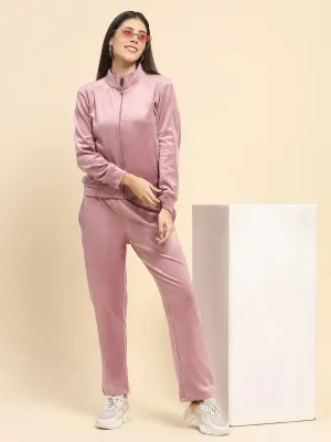 Mauve Velvet Solid Relaxed Fit Night Suit Set For Winter