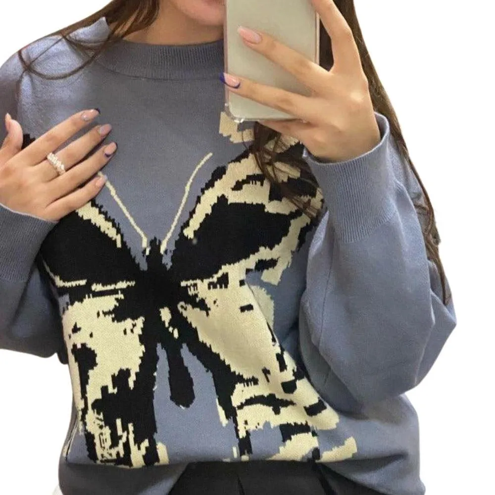 Melting Butterfly Print Women's Jumper: Retro fashion print knitwear