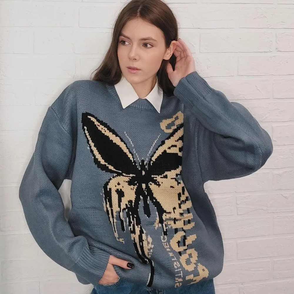 Melting Butterfly Print Women's Jumper: Retro fashion print knitwear