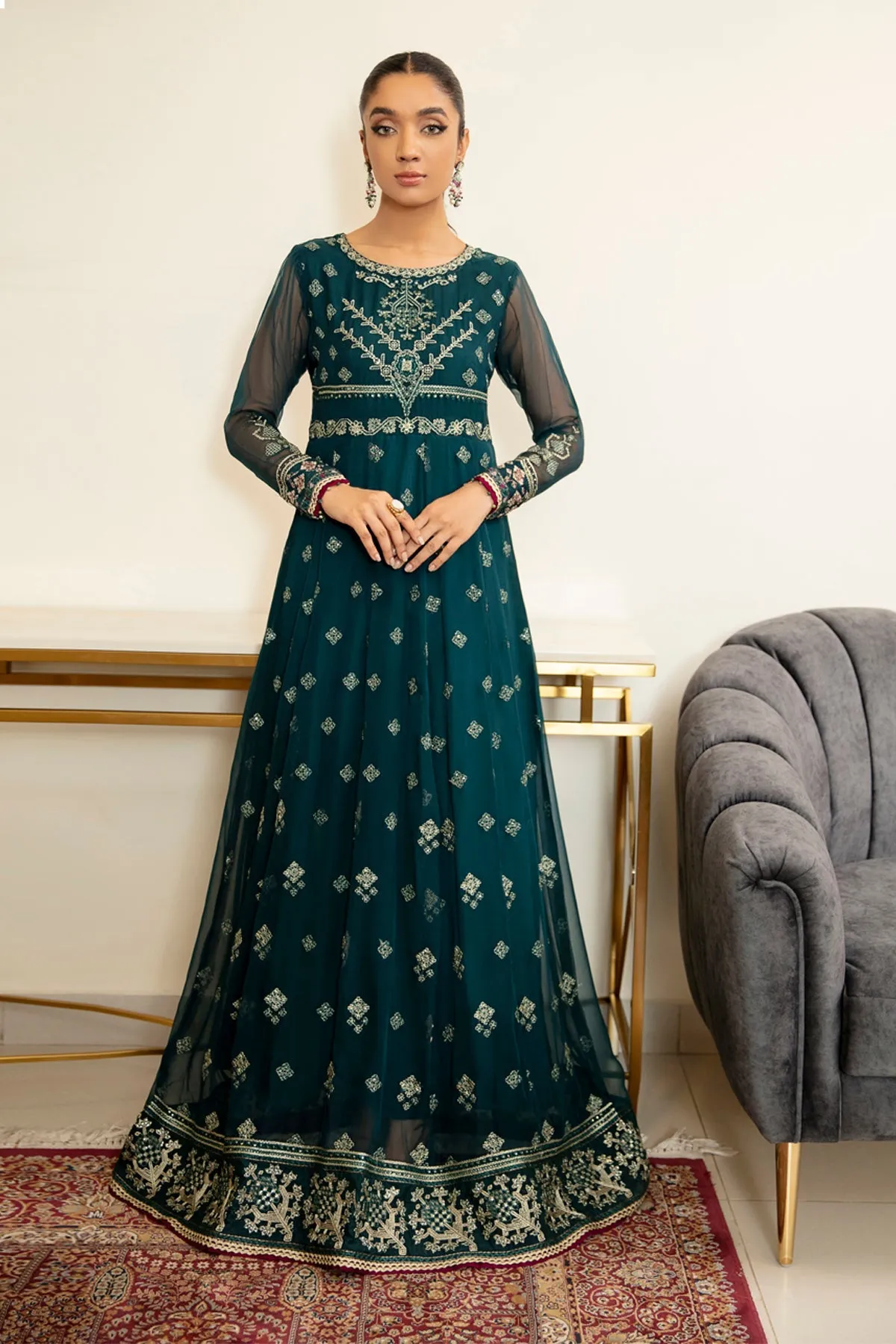 Pakistani Pishwas Dress in Sea Ocean Green Shade #PF400