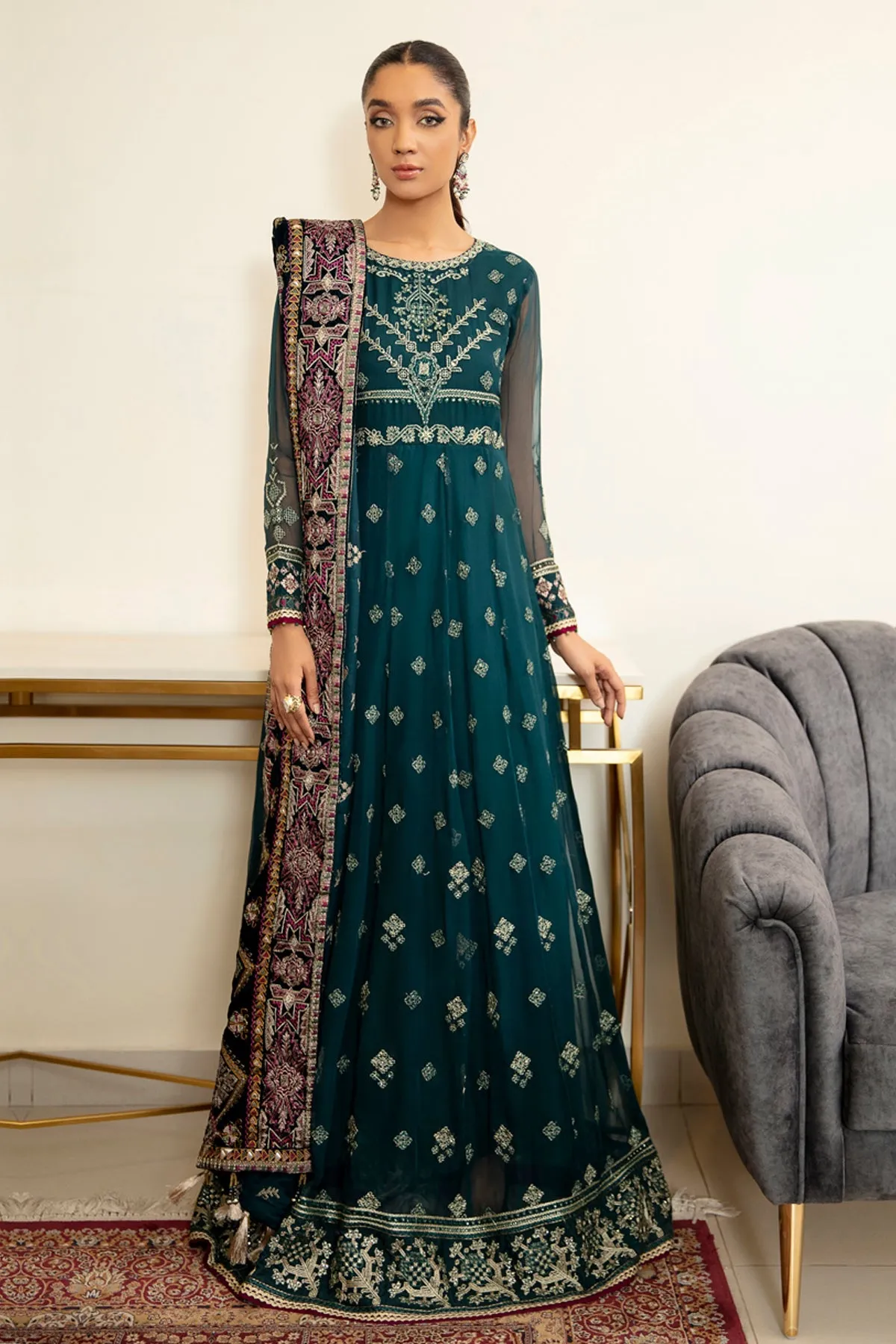 Pakistani Pishwas Dress in Sea Ocean Green Shade #PF400