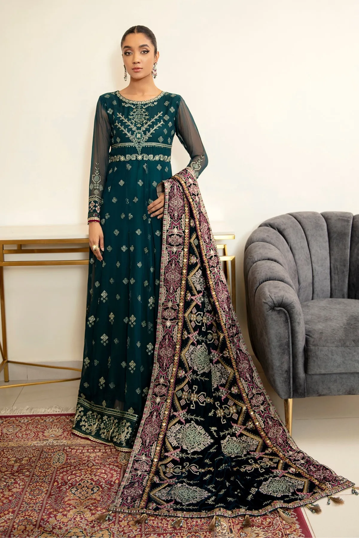 Pakistani Pishwas Dress in Sea Ocean Green Shade #PF400