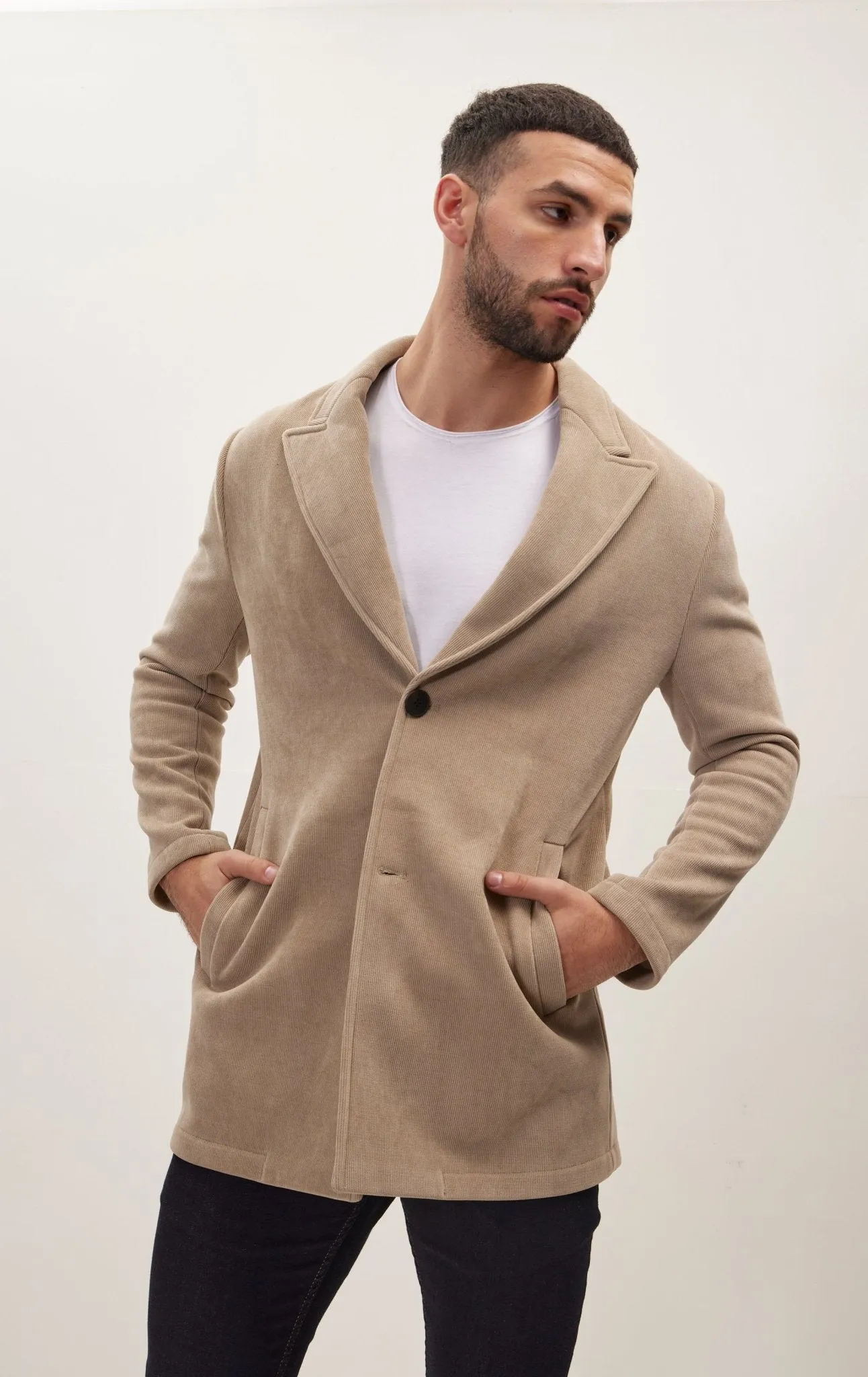 Relaxed Corduroy Button Closure Jacket - Beige