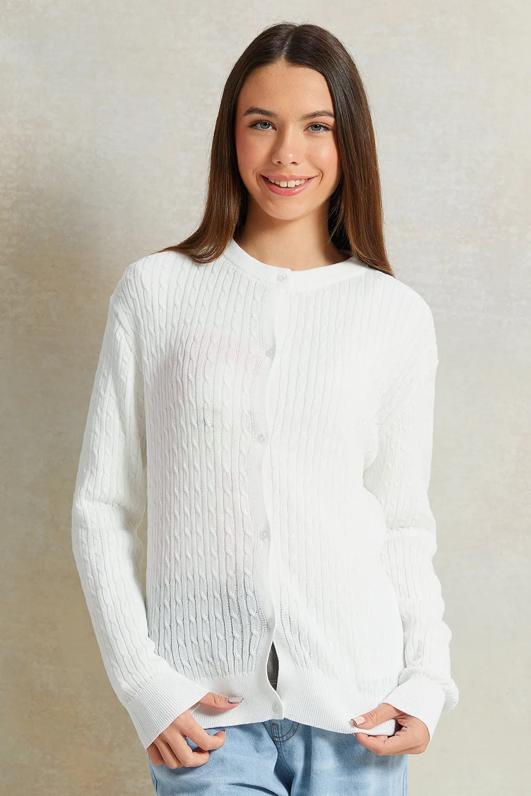 Senior Girls White Knitted Cardigan