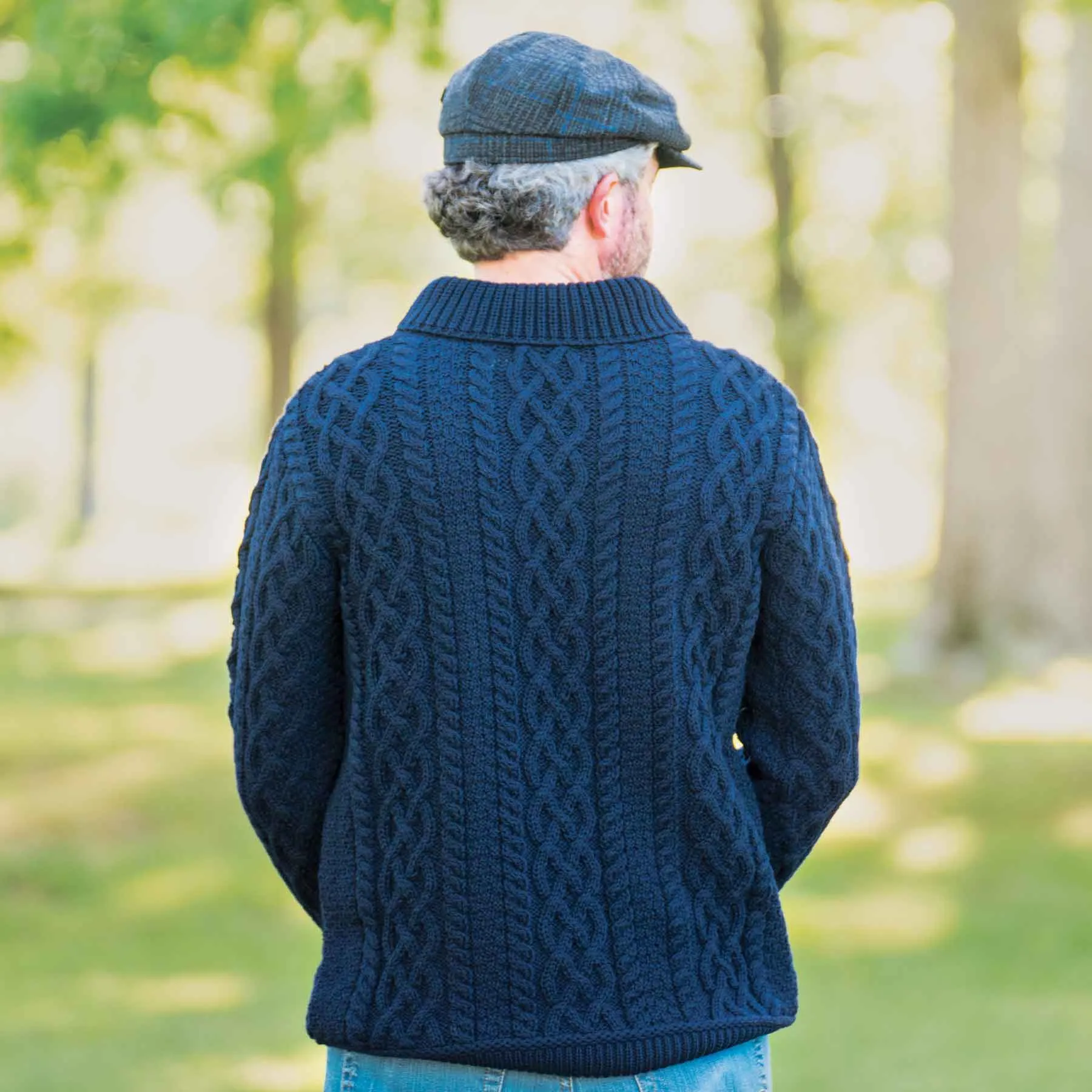 Shawl Collar Aran Knit Sweater- Navy