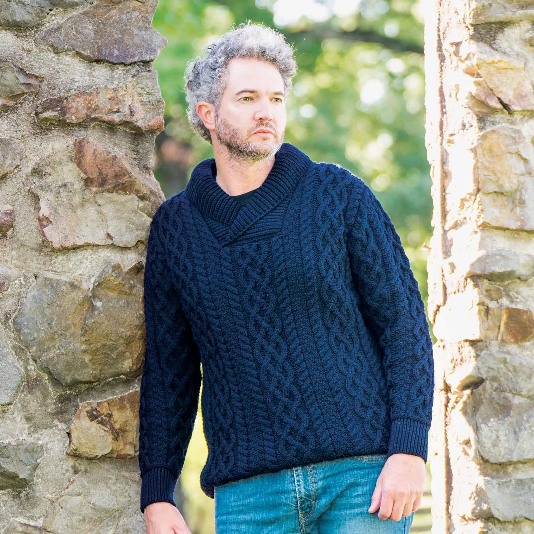 Shawl Collar Aran Knit Sweater- Navy