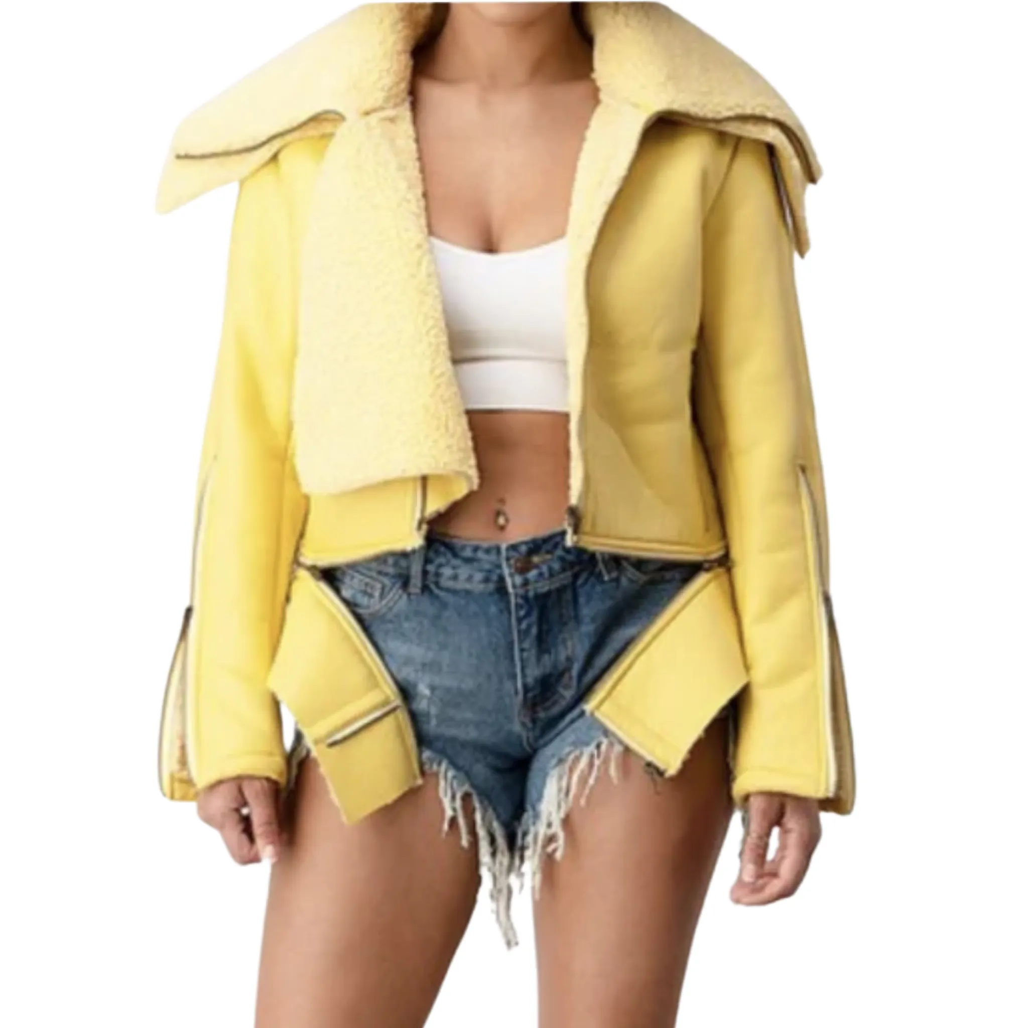 SNOB Lemon Drop Crop Shearling Leather Jacket-Yellow