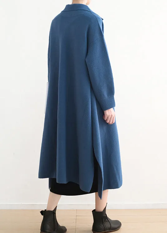 Stylish Blue Peter Pan Collar Button Side Open Wool Knit Coats Winter