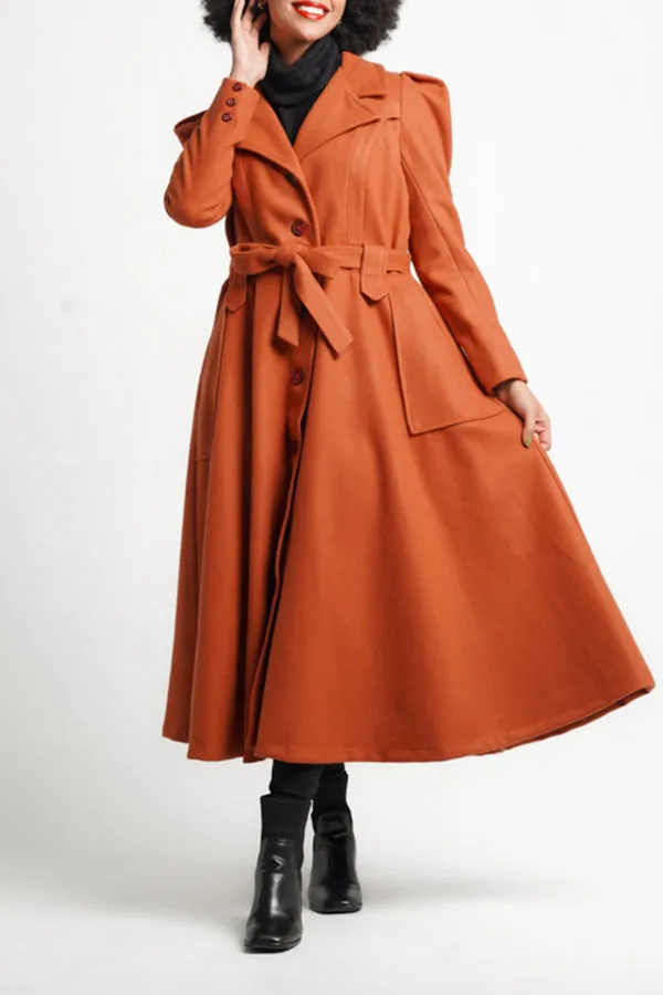 Stylish Solid Button Front Belted Coat