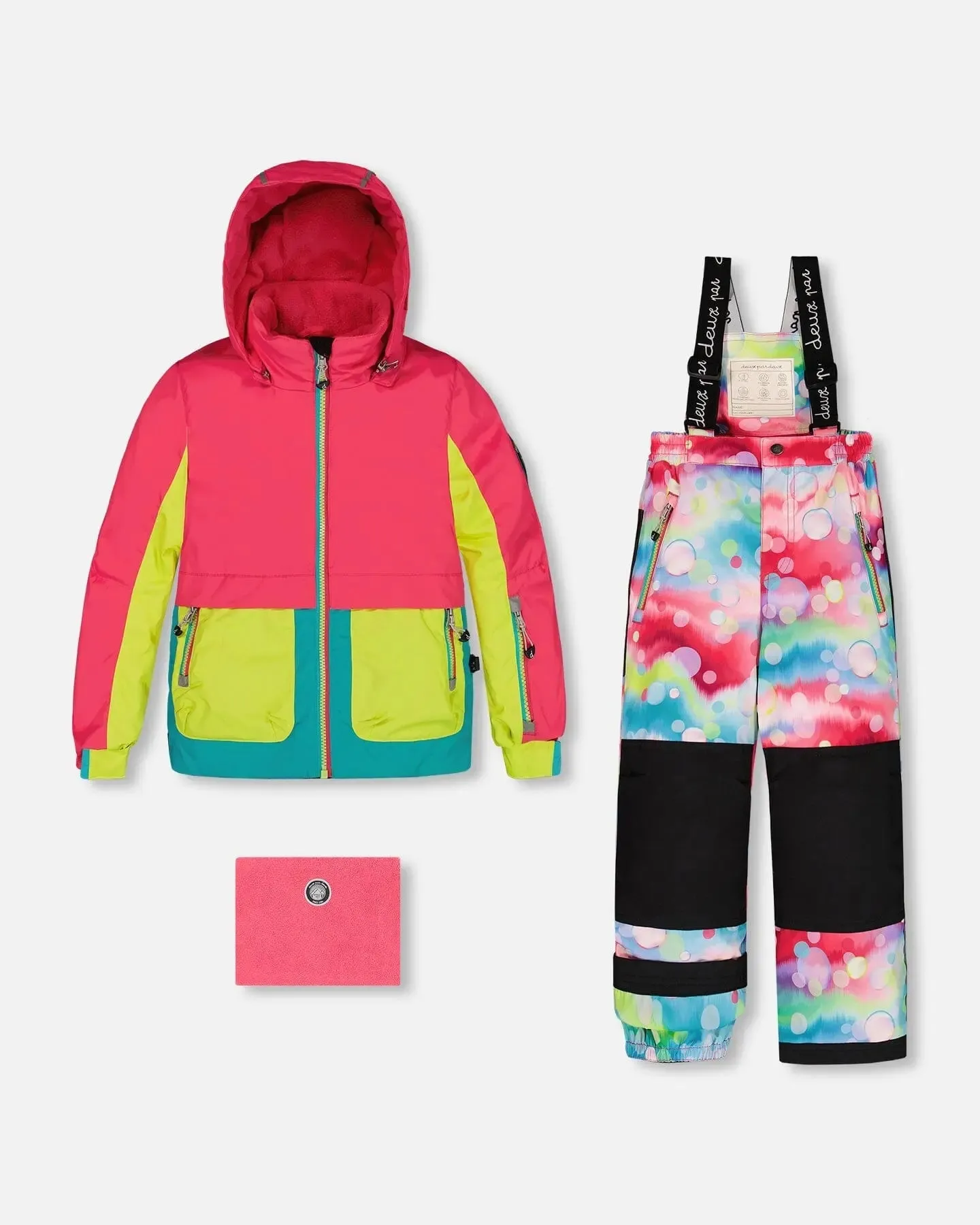 Two Piece Snowsuit Colorblock Fuchsia, Lime And Turquoise With Printed Bubbles