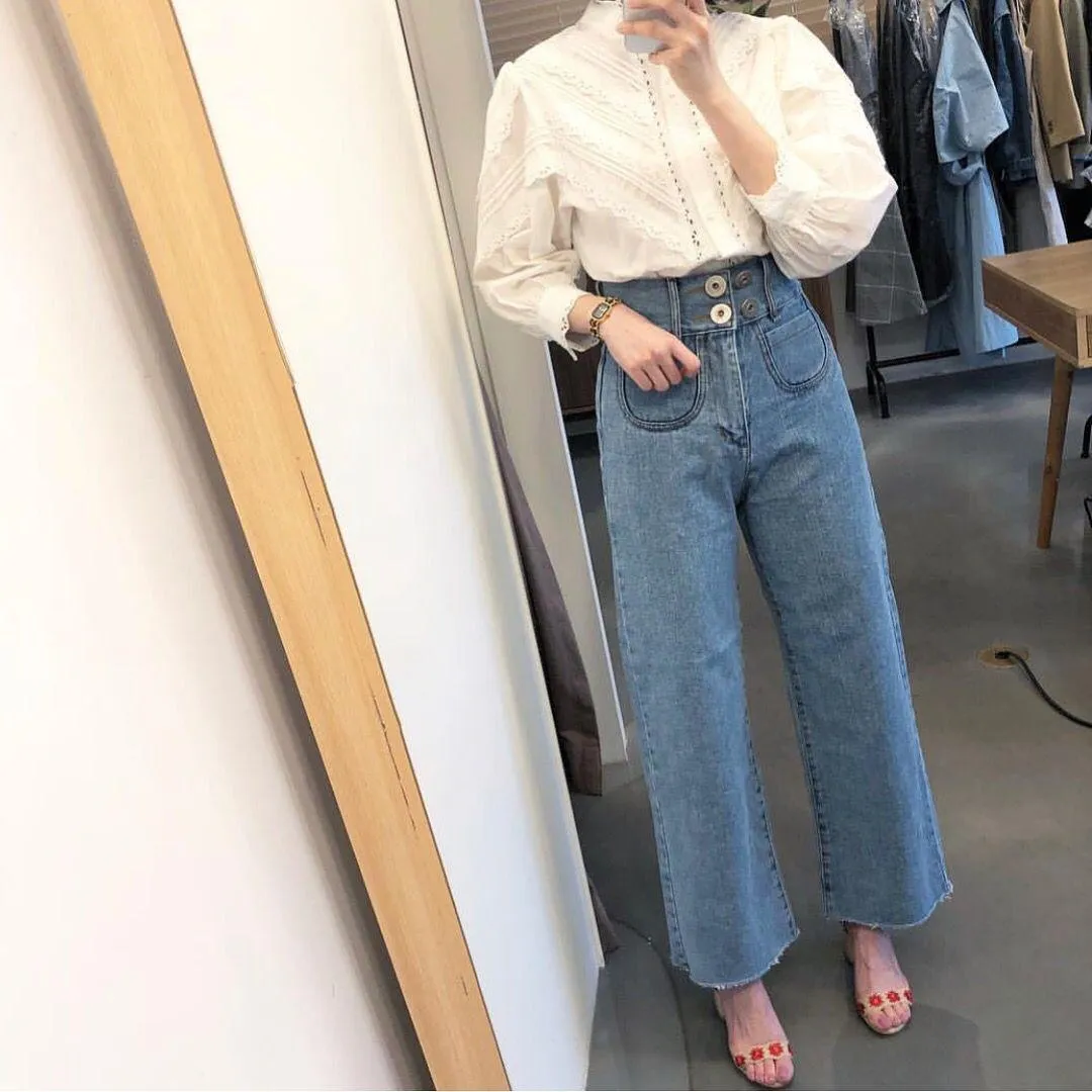 Wide Leg Denim Trousers For Women