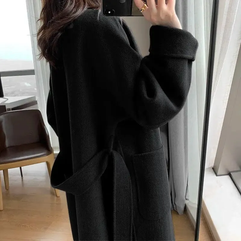 Women's Elegant Long Wool Coat – Oversized Double-Breasted Belted Winter Jacket, Thick and Warm Outerwear