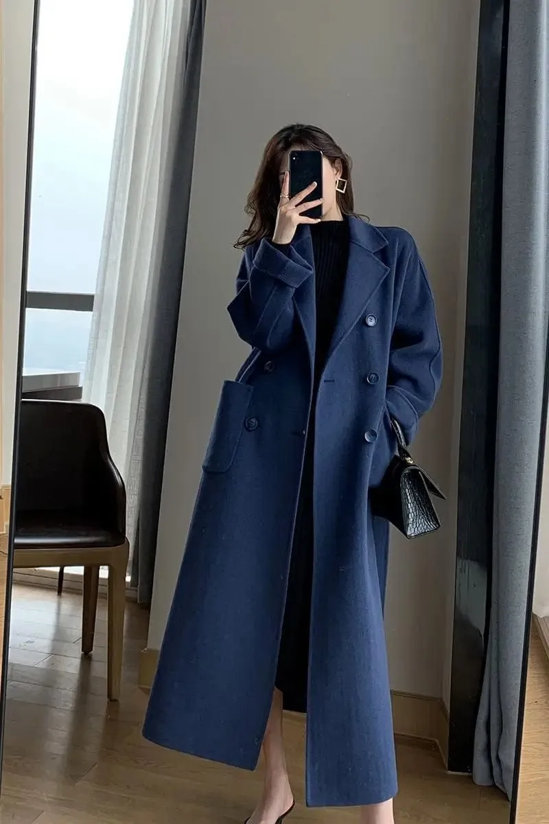 Women's Elegant Long Wool Coat – Oversized Double-Breasted Belted Winter Jacket, Thick and Warm Outerwear