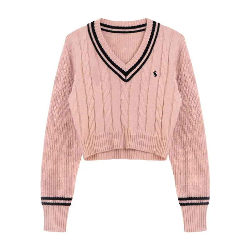 YuooMuoo Korean Fashion Sweaters Women Autumn V-neck Y2K Cartoon Embroidery Knitted Tops Winter Soft Basic Long Sleeve Pullovers